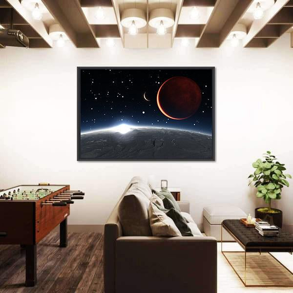 Sunrise Over The Phobos With Red Planet Mars Canvas Wall Art-3 Horizontal-Gallery Wrap-25" x 16"-Tiaracle