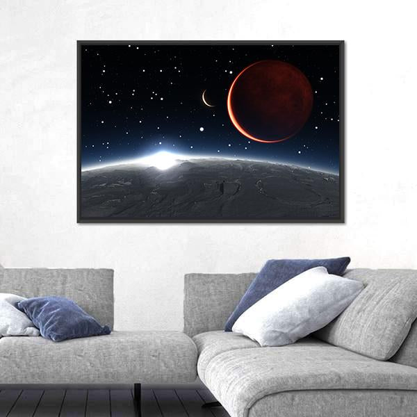 Sunrise Over The Phobos With Red Planet Mars Canvas Wall Art-3 Horizontal-Gallery Wrap-25" x 16"-Tiaracle