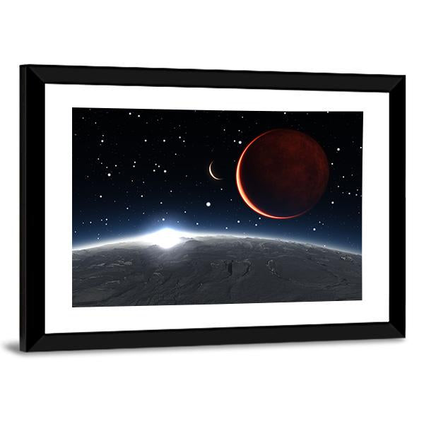 Sunrise Over The Phobos With Red Planet Mars Canvas Wall Art-3 Horizontal-Gallery Wrap-25" x 16"-Tiaracle