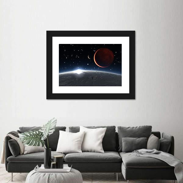 Sunrise Over The Phobos With Red Planet Mars Canvas Wall Art-3 Horizontal-Gallery Wrap-25" x 16"-Tiaracle