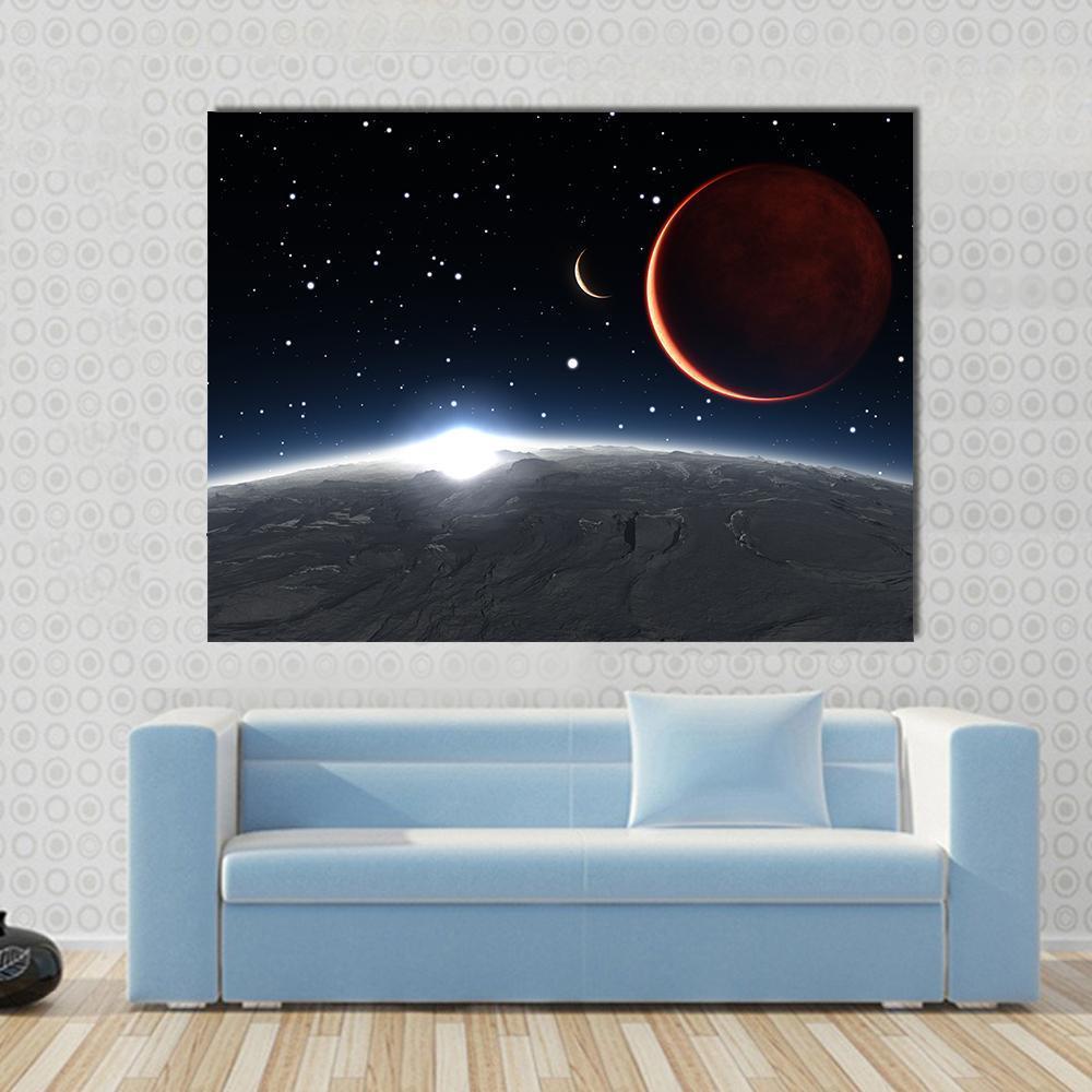 Sunrise Over The Phobos With Red Planet Mars Canvas Wall Art-1 Piece-Gallery Wrap-48" x 32"-Tiaracle