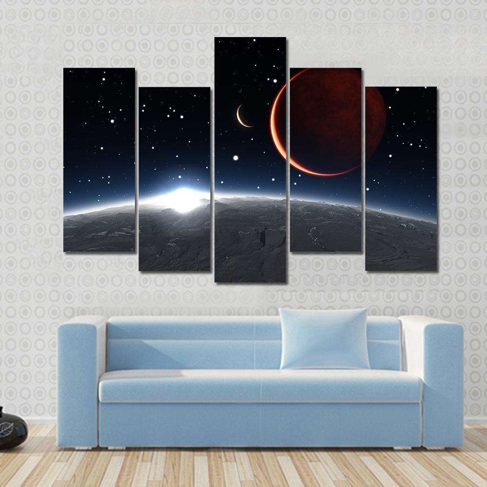 Sunrise Over The Phobos With Red Planet Mars Canvas Wall Art-5 Pop-Gallery Wrap-47" x 32"-Tiaracle