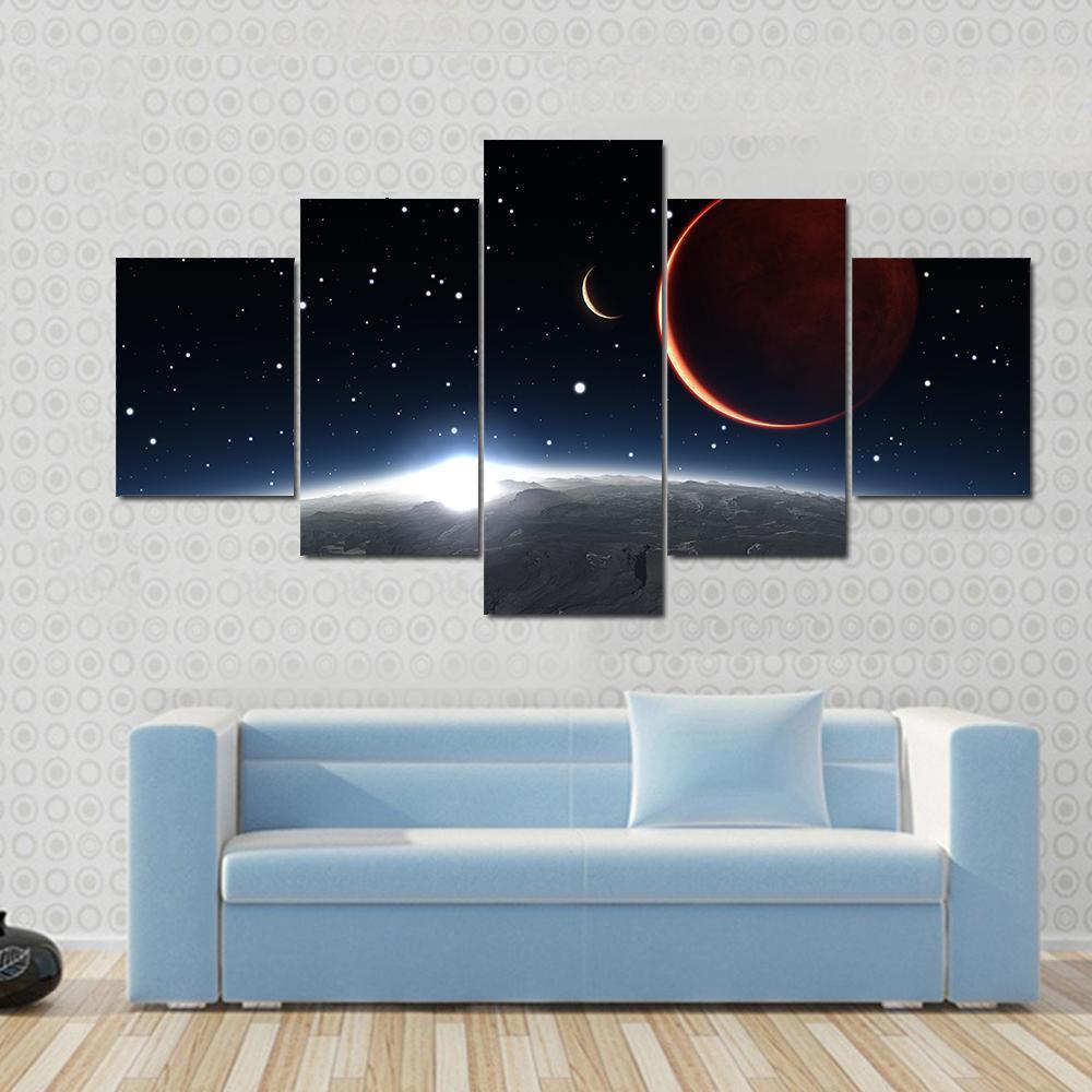 Sunrise Over The Phobos With Red Planet Mars Canvas Wall Art-5 Star-Gallery Wrap-62" x 32"-Tiaracle