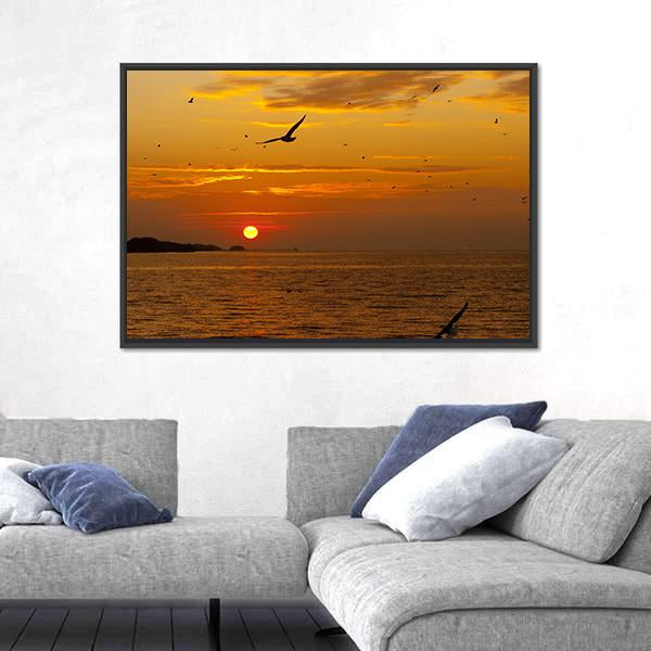 Sunrise With Seagull Canvas Wall Art-3 Horizontal-Gallery Wrap-25" x 16"-Tiaracle