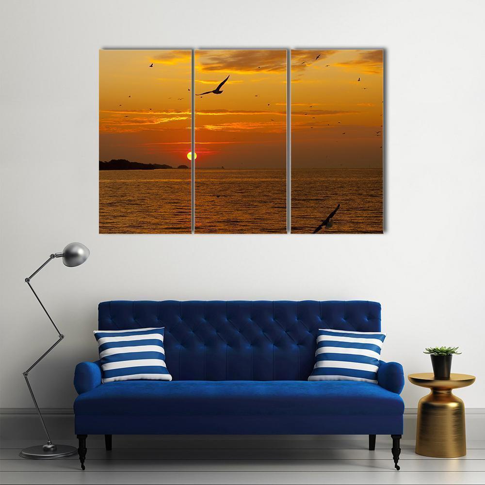 Sunrise With Seagull Canvas Wall Art-3 Horizontal-Gallery Wrap-37" x 24"-Tiaracle