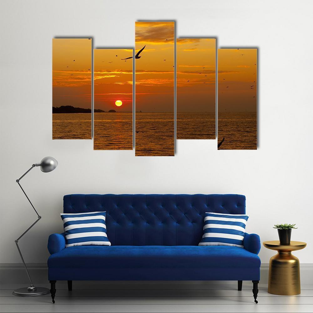 Sunrise With Seagull Canvas Wall Art-5 Pop-Gallery Wrap-47" x 32"-Tiaracle