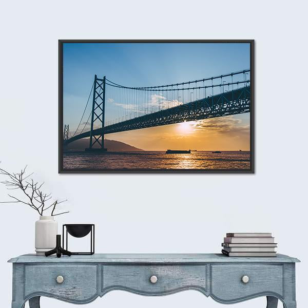 Sunset At Akashi Kaikyo Bridge Canvas Wall Art-1 Piece-Floating Frame-24" x 16"-Tiaracle