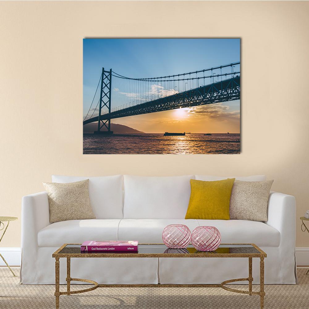 Sunset At Akashi Kaikyo Bridge Canvas Wall Art-1 Piece-Gallery Wrap-48" x 32"-Tiaracle