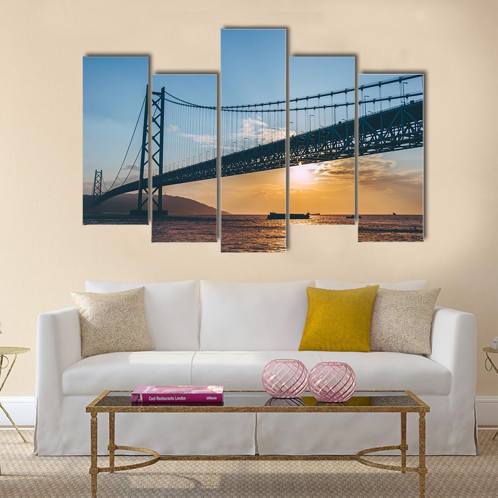 Sunset At Akashi Kaikyo Bridge Canvas Wall Art-5 Pop-Gallery Wrap-47" x 32"-Tiaracle