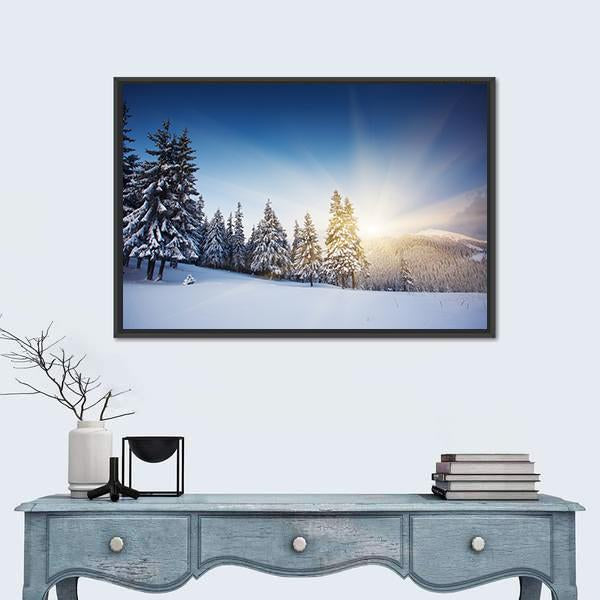 Sunset In The Winter Mountains Landscape Canvas Wall Art-1 Piece-Floating Frame-24" x 16"-Tiaracle