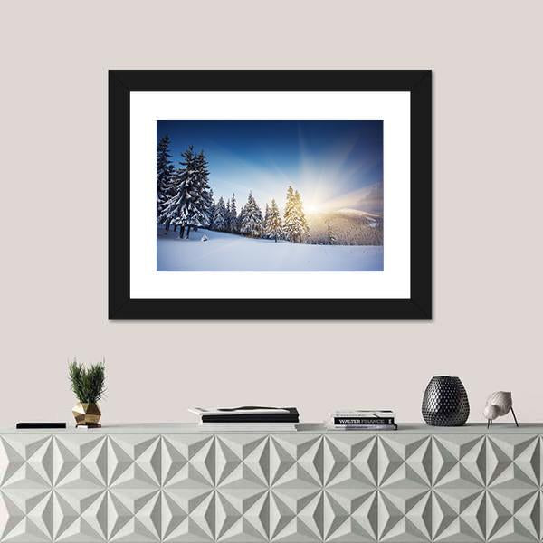 Sunset In The Winter Mountains Landscape Canvas Wall Art-1 Piece-Framed Print-20" x 16"-Tiaracle