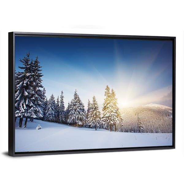 Sunset In The Winter Mountains Landscape Canvas Wall Art-3 Horizontal-Gallery Wrap-25" x 16"-Tiaracle