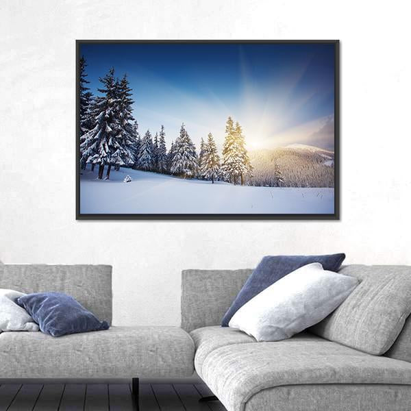 Sunset In The Winter Mountains Landscape Canvas Wall Art-3 Horizontal-Gallery Wrap-25" x 16"-Tiaracle