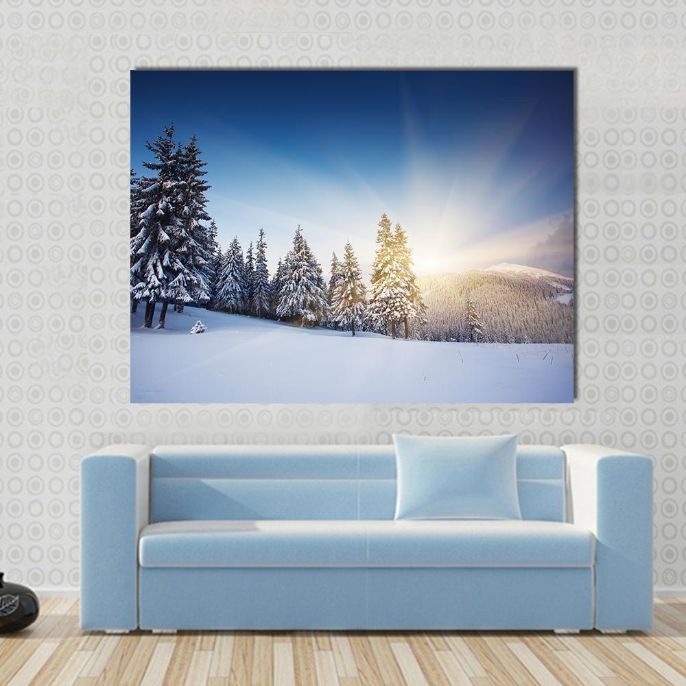 Sunset In The Winter Mountains Landscape Canvas Wall Art-1 Piece-Gallery Wrap-48" x 32"-Tiaracle