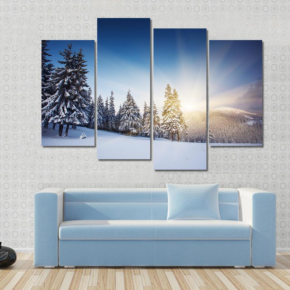 Sunset In The Winter Mountains Landscape Canvas Wall Art-4 Pop-Gallery Wrap-50" x 32"-Tiaracle