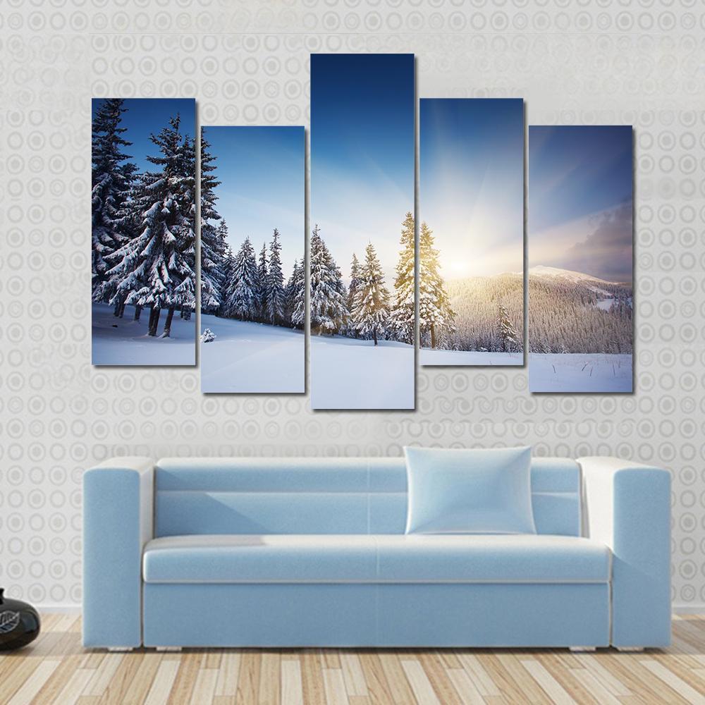 Sunset In The Winter Mountains Landscape Canvas Wall Art-5 Pop-Gallery Wrap-47" x 32"-Tiaracle