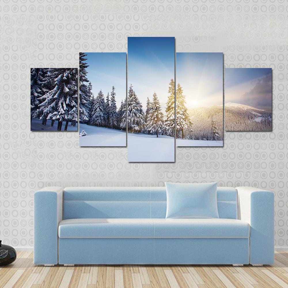 Sunset In The Winter Mountains Landscape Canvas Wall Art-5 Star-Gallery Wrap-62" x 32"-Tiaracle