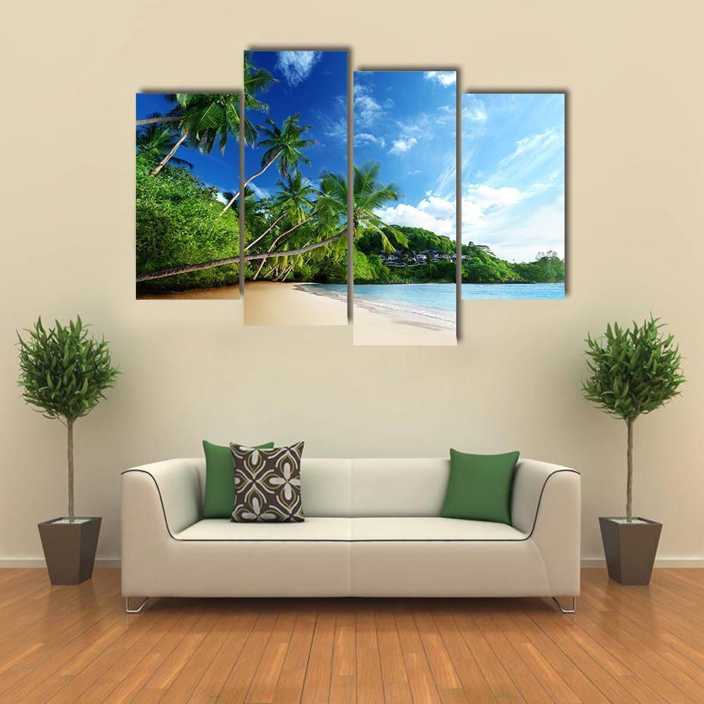 Sunset On Beach Anse Takamaka Canvas Wall Art-4 Pop-Gallery Wrap-50" x 32"-Tiaracle