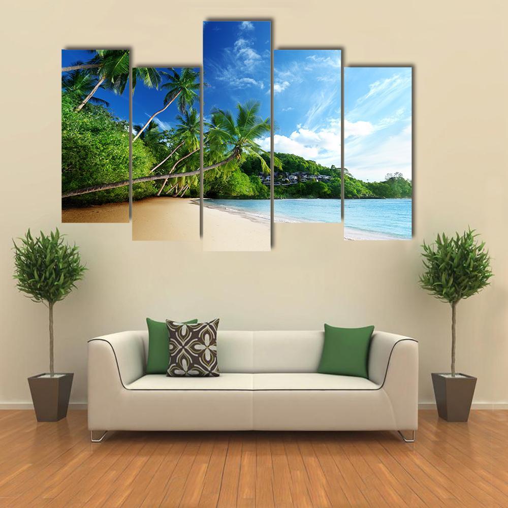 Sunset On Beach Anse Takamaka Canvas Wall Art-5 Pop-Gallery Wrap-47" x 32"-Tiaracle
