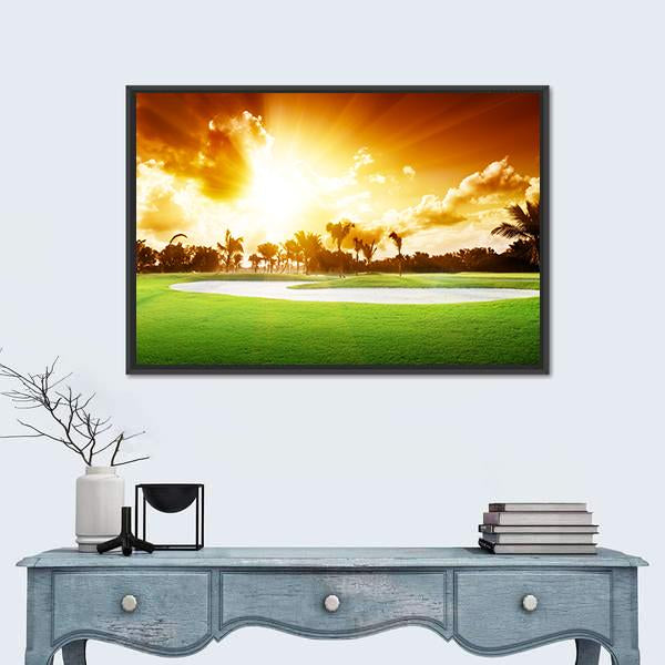 Sunset On Golf Field Canvas Wall Art-1 Piece-Floating Frame-24" x 16"-Tiaracle