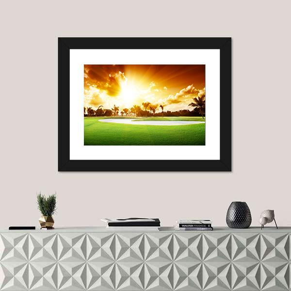 Sunset On Golf Field Canvas Wall Art-1 Piece-Framed Print-20" x 16"-Tiaracle