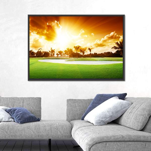 Sunset On Golf Field Canvas Wall Art-3 Horizontal-Gallery Wrap-25" x 16"-Tiaracle