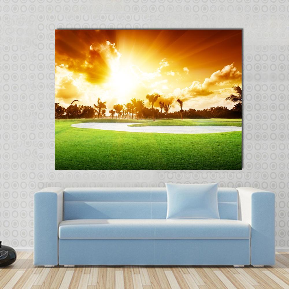 Sunset On Golf Field Canvas Wall Art-1 Piece-Gallery Wrap-48" x 32"-Tiaracle