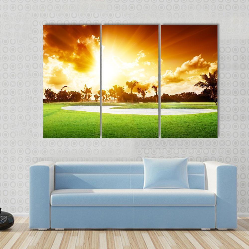 Sunset On Golf Field Canvas Wall Art-3 Horizontal-Gallery Wrap-37" x 24"-Tiaracle