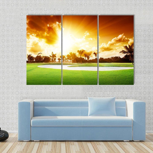 Sunset On Golf Field Canvas Wall Art-3 Horizontal-Gallery Wrap-37" x 24"-Tiaracle