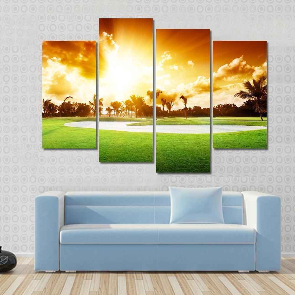 Sunset On Golf Field Canvas Wall Art-4 Pop-Gallery Wrap-50" x 32"-Tiaracle