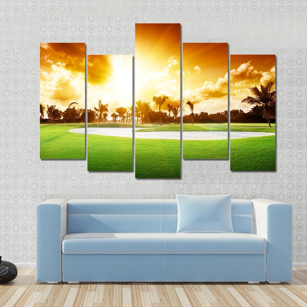 Sunset On Golf Field Canvas Wall Art-5 Pop-Gallery Wrap-47" x 32"-Tiaracle