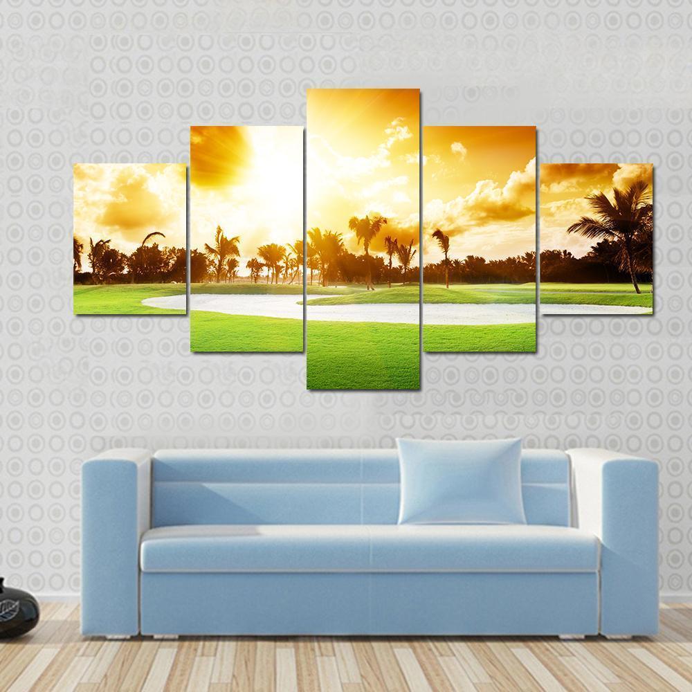 Sunset On Golf Field Canvas Wall Art-5 Star-Gallery Wrap-62" x 32"-Tiaracle