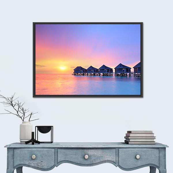 Sunset On Maldives Island Canvas Wall Art-1 Piece-Floating Frame-24" x 16"-Tiaracle
