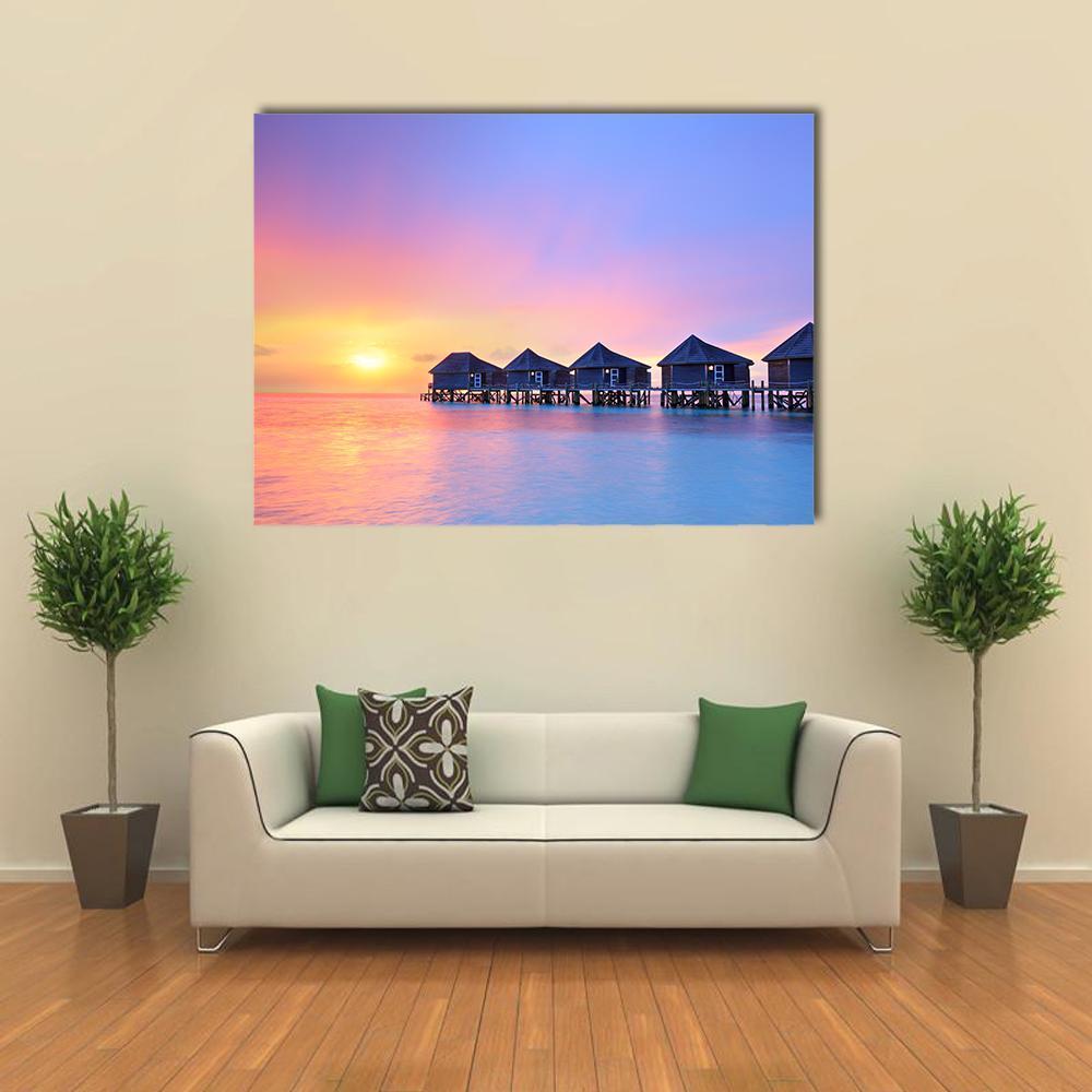 Sunset On Maldives Island Canvas Wall Art-1 Piece-Gallery Wrap-48" x 32"-Tiaracle
