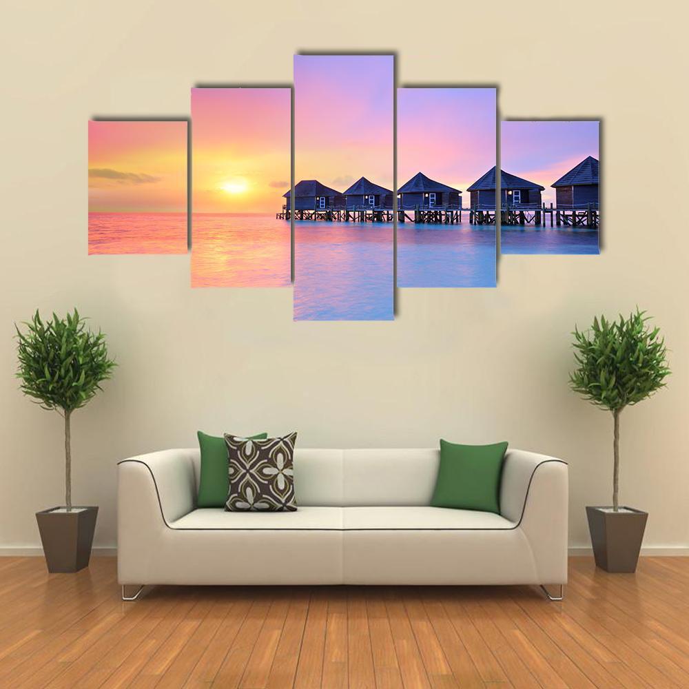 Sunset On Maldives Island Canvas Wall Art-5 Star-Gallery Wrap-62" x 32"-Tiaracle