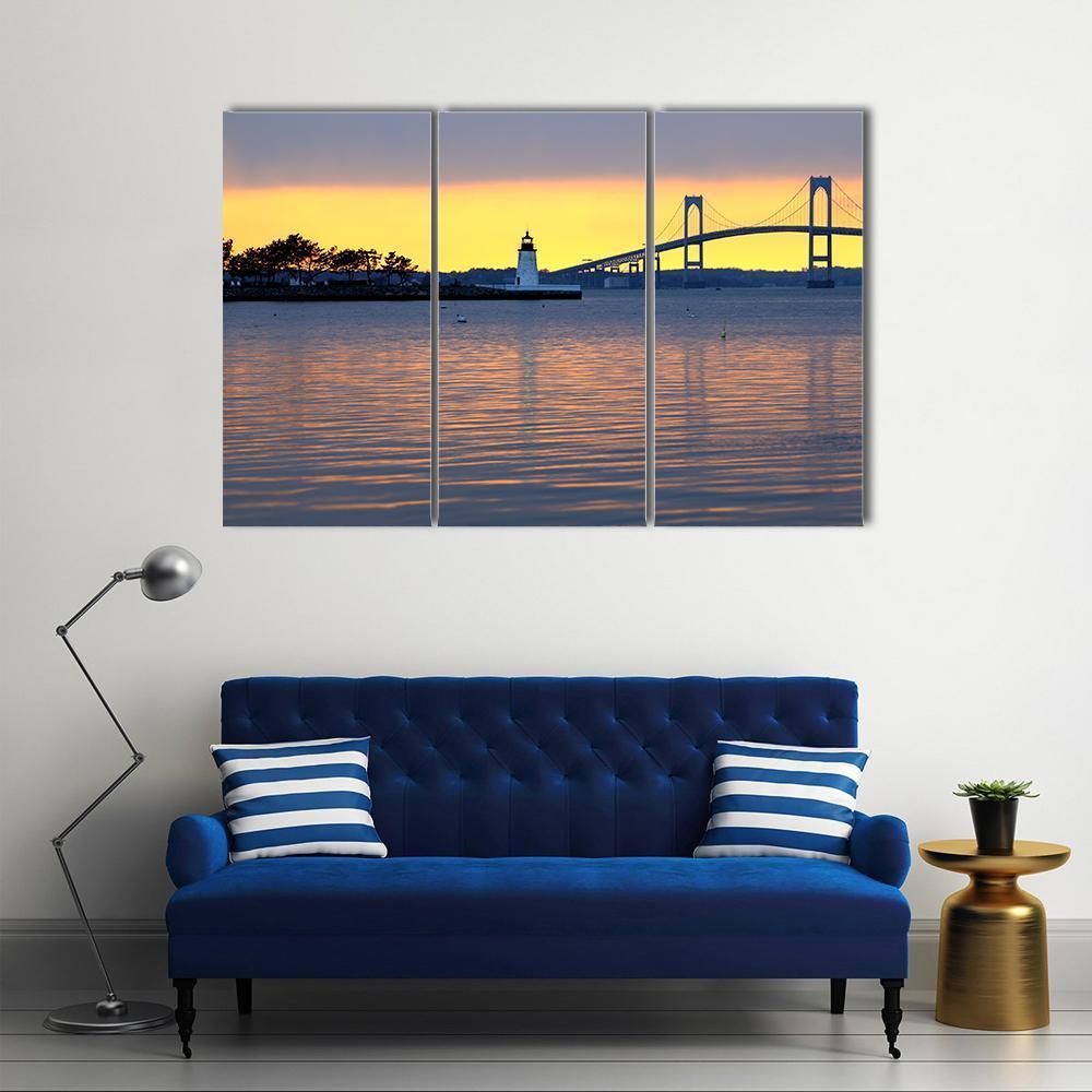 Sunset Over Bridge And Lighthouse Canvas Wall Art-3 Horizontal-Gallery Wrap-37" x 24"-Tiaracle
