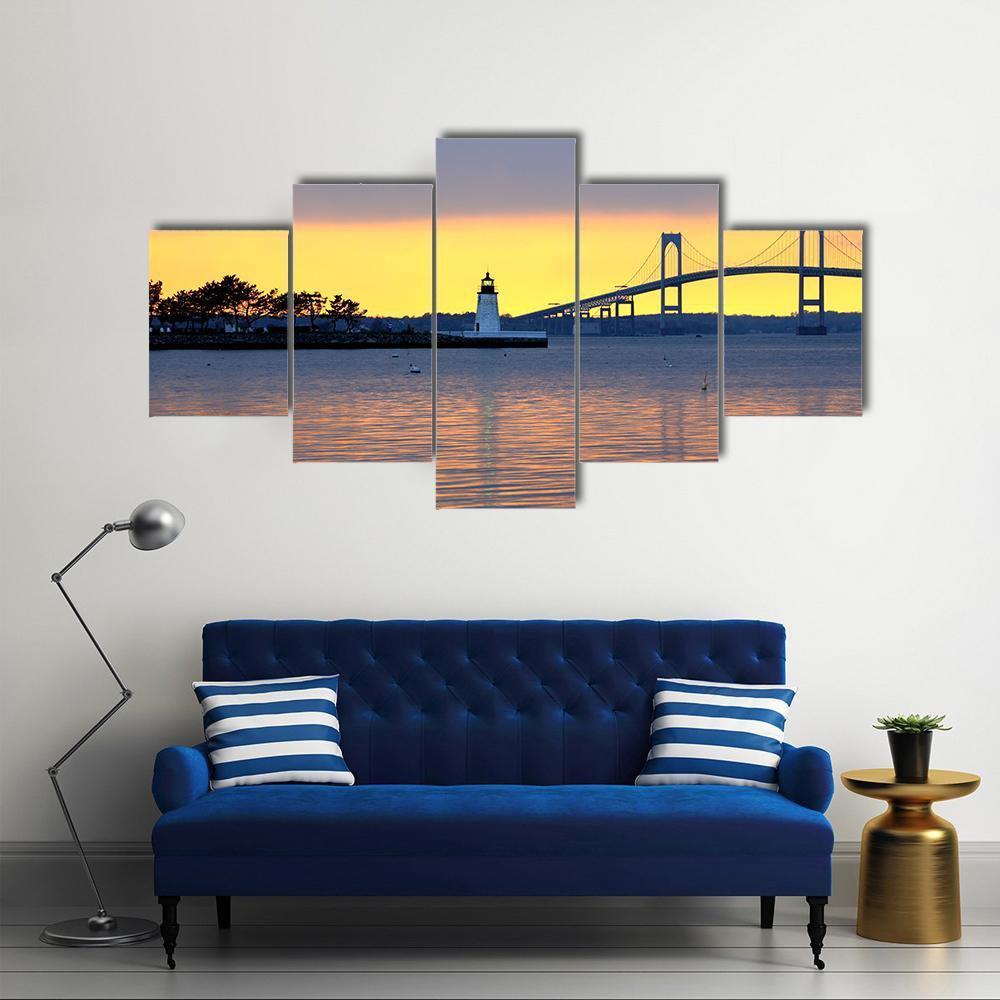 Sunset Over Bridge And Lighthouse Canvas Wall Art-5 Star-Gallery Wrap-62" x 32"-Tiaracle