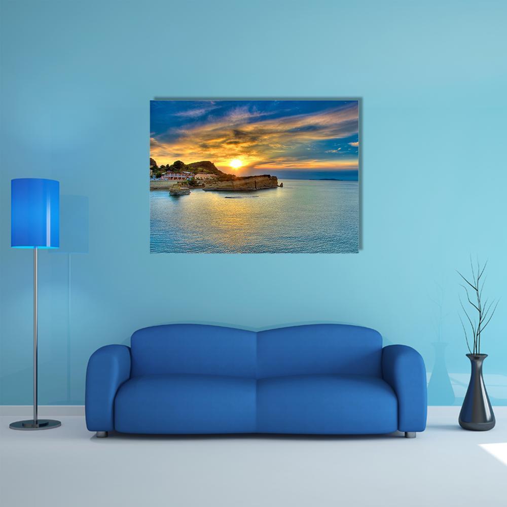 Sunset Over Corfu Island Canvas Wall Art-1 Piece-Gallery Wrap-48" x 32"-Tiaracle