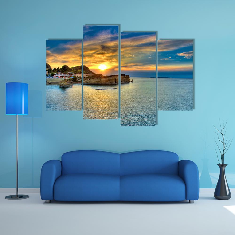 Sunset Over Corfu Island Canvas Wall Art-4 Pop-Gallery Wrap-50" x 32"-Tiaracle