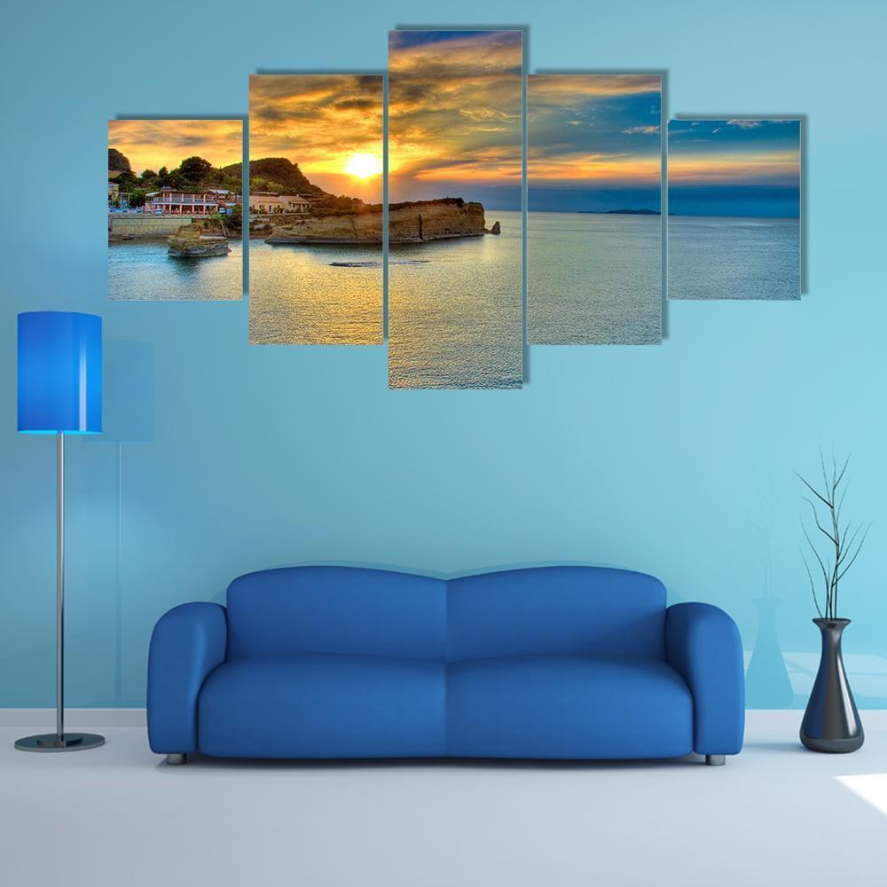 Sunset Over Corfu Island Canvas Wall Art-5 Star-Gallery Wrap-62" x 32"-Tiaracle