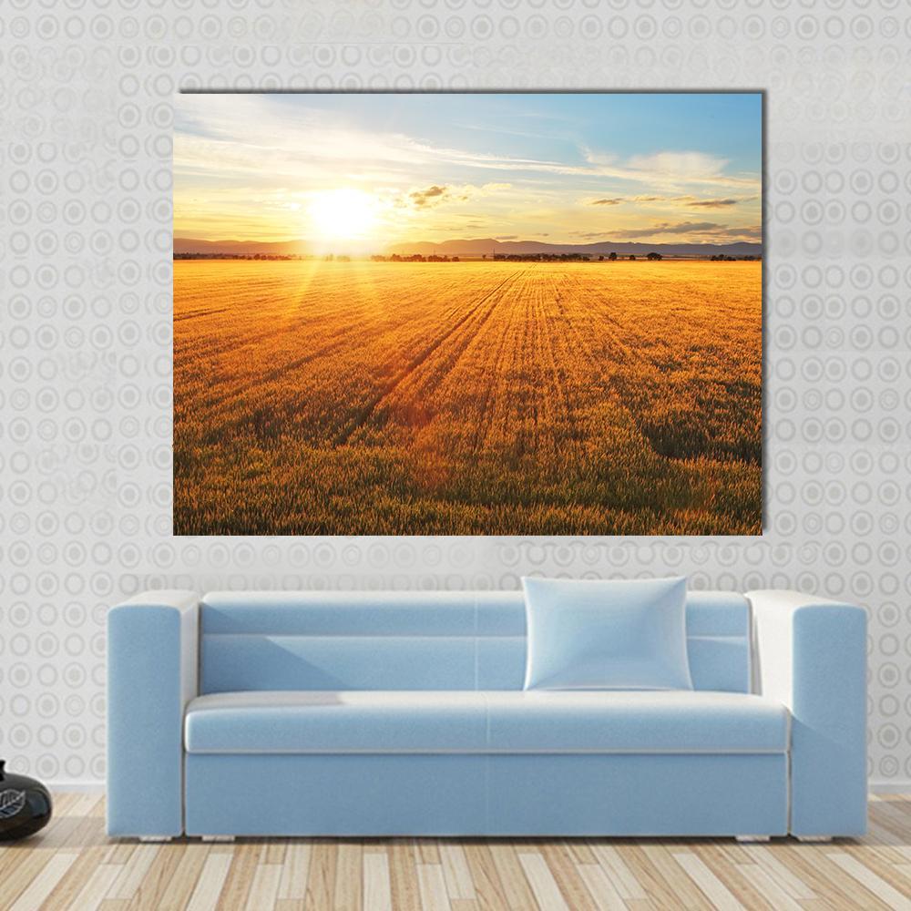 Sunset Over Wheat Field Canvas Wall Art-1 Piece-Gallery Wrap-48" x 32"-Tiaracle