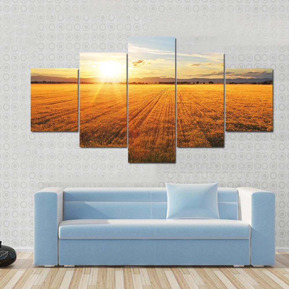 Sunset Over Wheat Field Canvas Wall Art-5 Star-Gallery Wrap-62" x 32"-Tiaracle