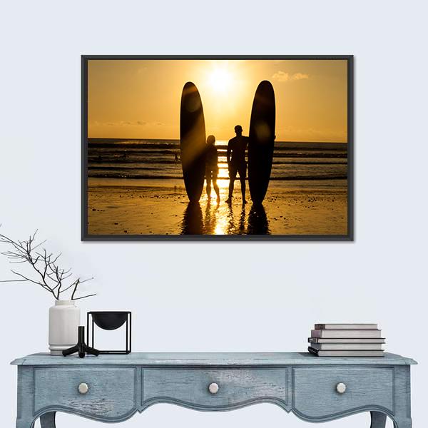 Surfer Couple Holding Long Surf Boards At Sunset On Beach Canvas Wall Art-1 Piece-Floating Frame-24" x 16"-Tiaracle