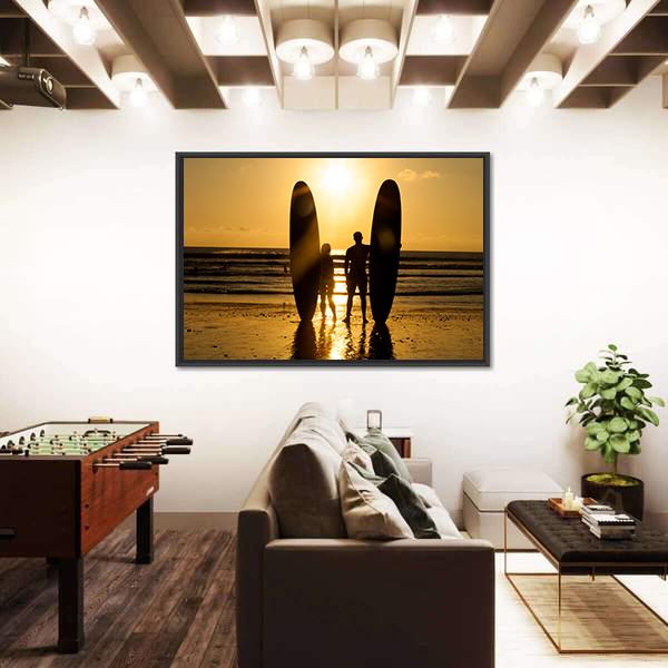 Surfer Couple Holding Long Surf Boards At Sunset On Beach Canvas Wall Art-3 Horizontal-Gallery Wrap-25" x 16"-Tiaracle