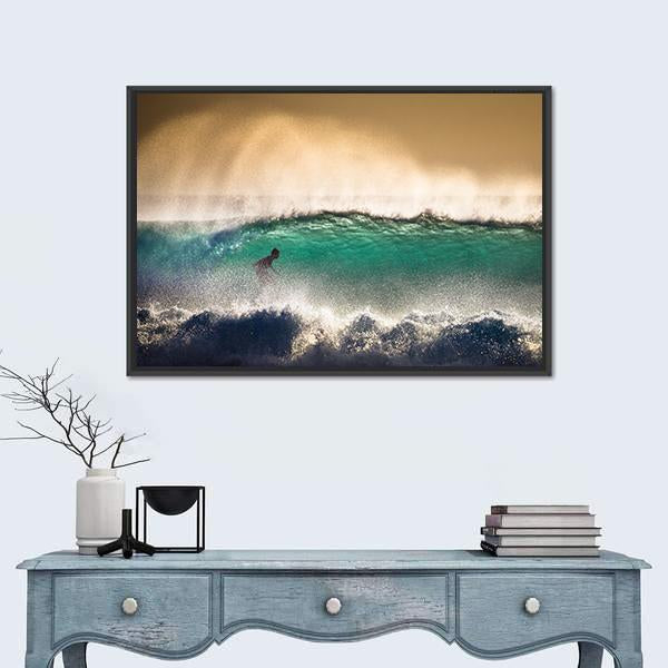 Surfer On Blue Ocean Wave in Bali Indonesia Canvas Wall Art-1 Piece-Floating Frame-24" x 16"-Tiaracle