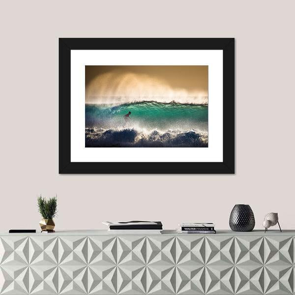 Surfer On Blue Ocean Wave in Bali Indonesia Canvas Wall Art-1 Piece-Framed Print-20" x 16"-Tiaracle