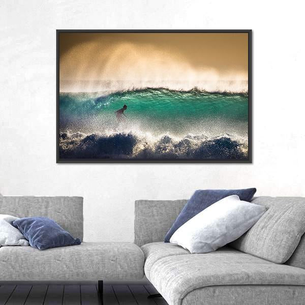 Surfer On Blue Ocean Wave in Bali Indonesia Canvas Wall Art-3 Horizontal-Gallery Wrap-25" x 16"-Tiaracle