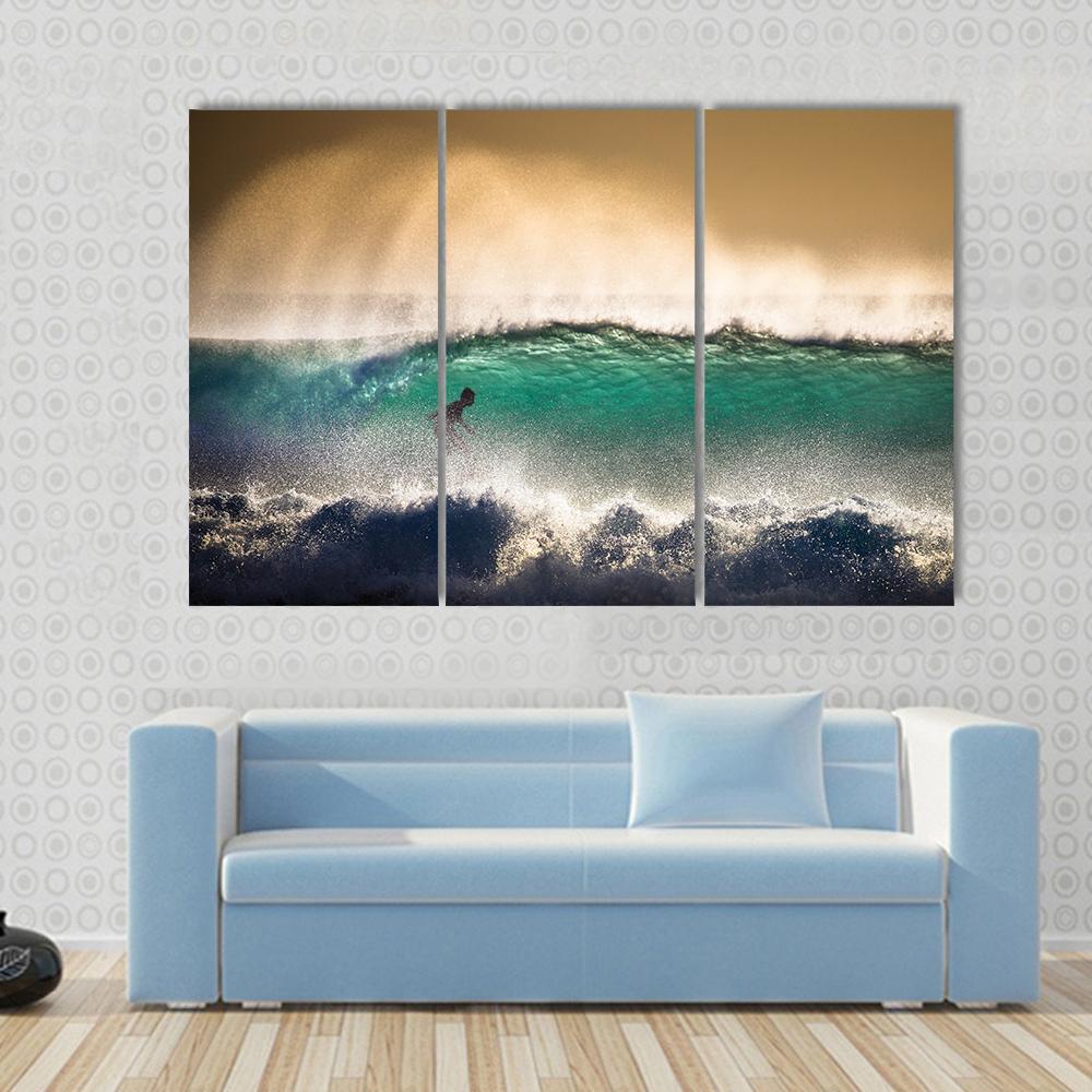 Surfer On Blue Ocean Wave in Bali Indonesia Canvas Wall Art-3 Horizontal-Gallery Wrap-37" x 24"-Tiaracle