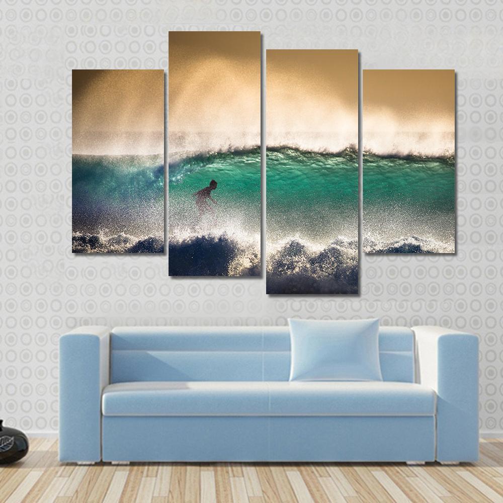 Surfer On Blue Ocean Wave in Bali Indonesia Canvas Wall Art-4 Pop-Gallery Wrap-50" x 32"-Tiaracle