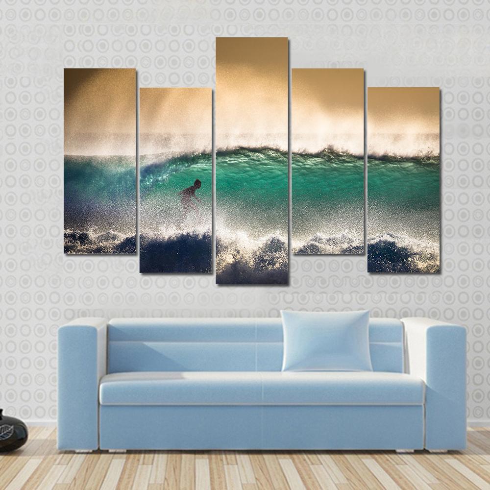 Surfer On Blue Ocean Wave in Bali Indonesia Canvas Wall Art-5 Pop-Gallery Wrap-47" x 32"-Tiaracle